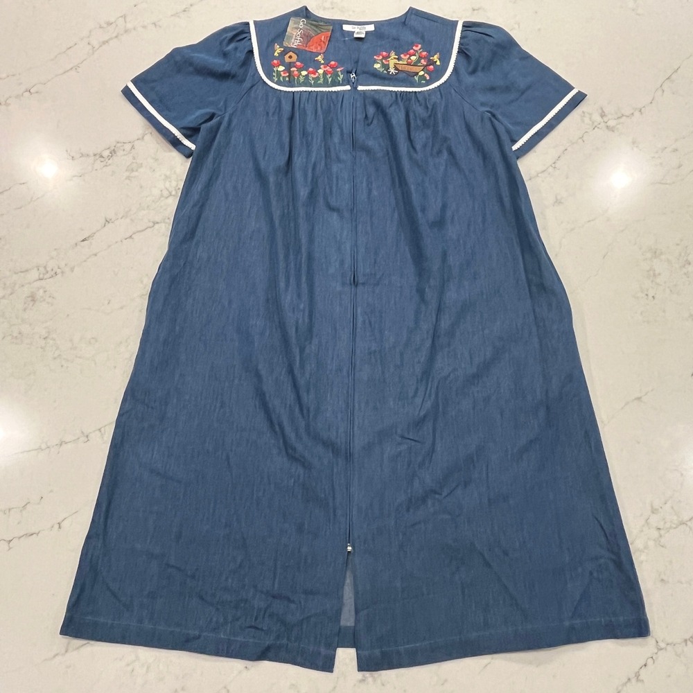 Go Softly NEW Cotton Chambray Patio House S Dress Muumuu Embroidered Floral Bird